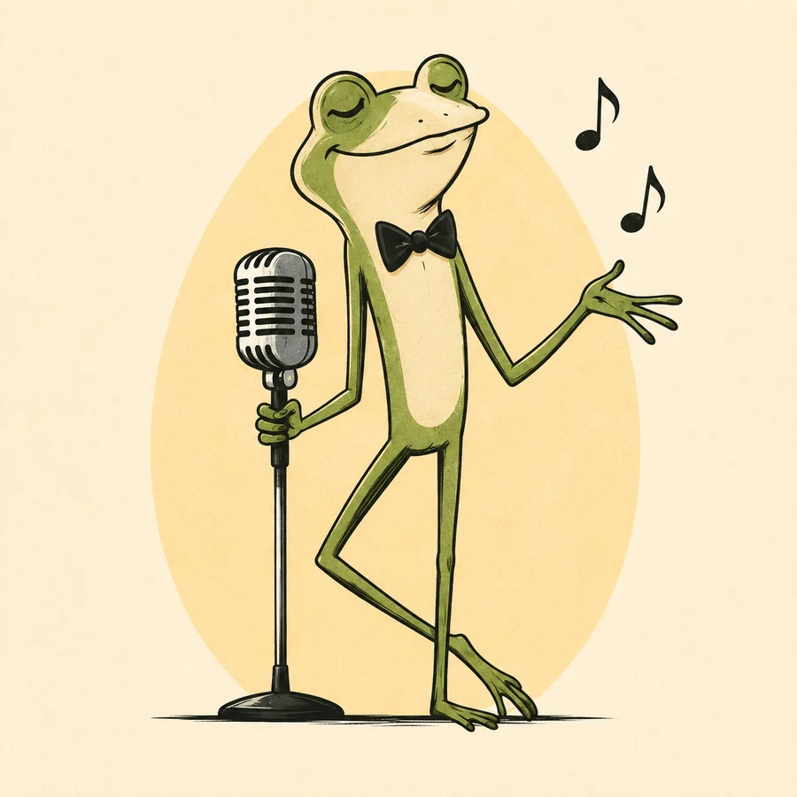 A frog in a bow tie, eyes closed, singing into a vintage microphone